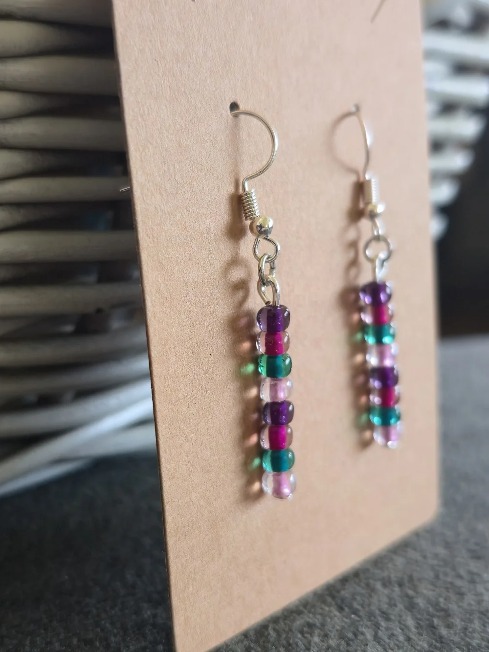 NWT Handmade Colorful Jewel-Tone Beaded Drop Earrings 💜🩷💚